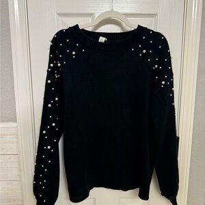 Elegant Black Sweater with Pearl Accents